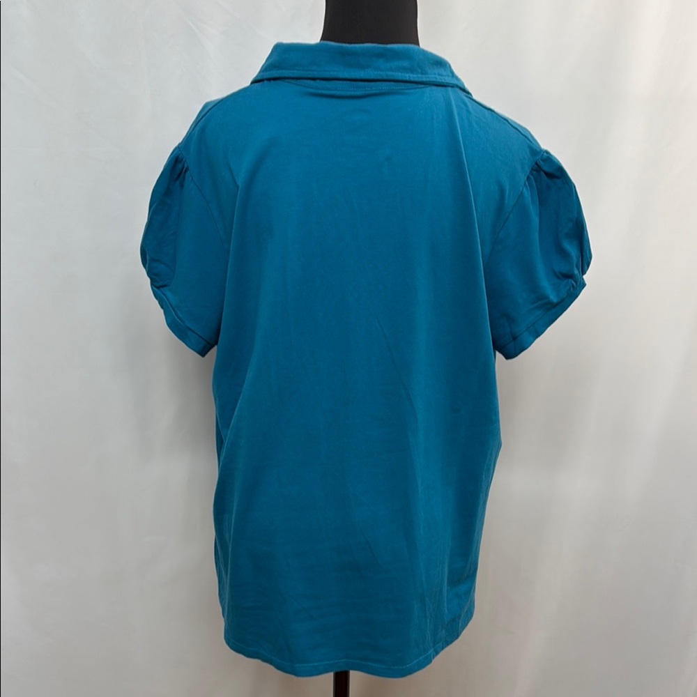 Faded Glory 3X Teal Stretch Polo Blouse Split Neck Roll Tab Sleeve Casual Top - Picture 3 of 7